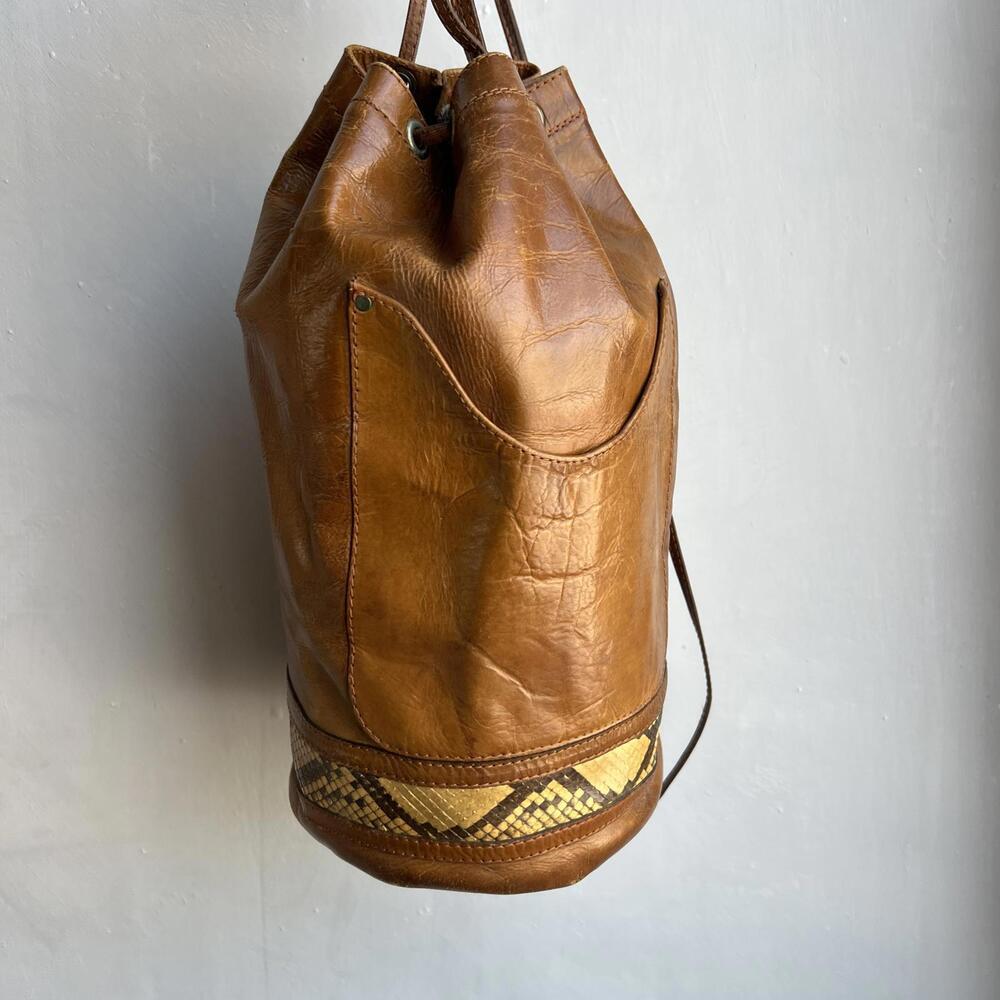 Vintage Ricchi Brown Leather Bucket Bag Snakeskin Drawstring Crossbody Backpack